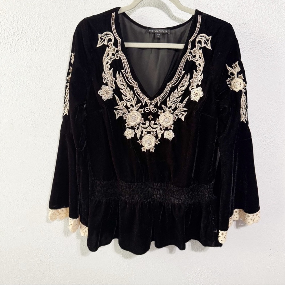Boston Proper Black Velvet Blouse with Cream Embroidery